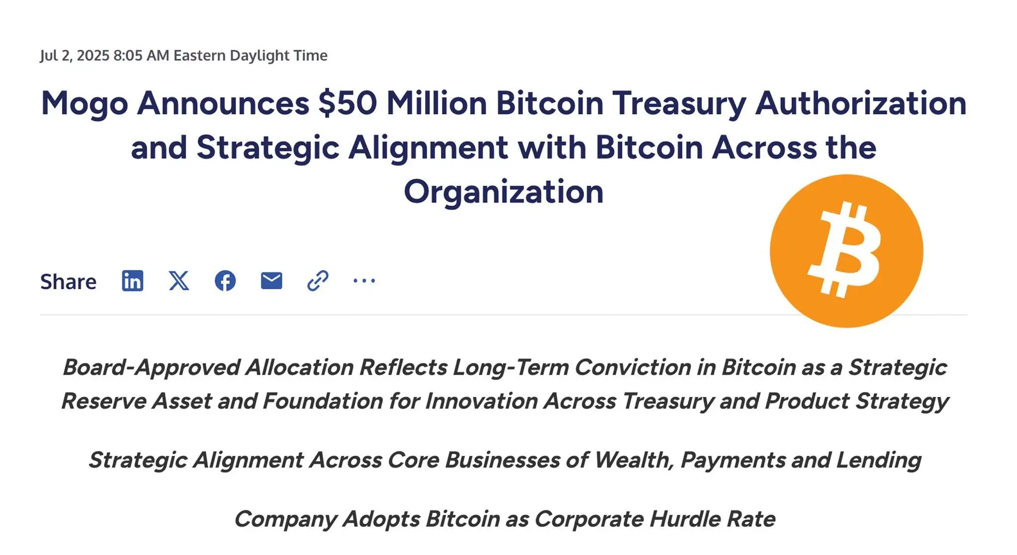 加拿大金融科技公司Mogo董事会批准5000万美元比特币配置计划
