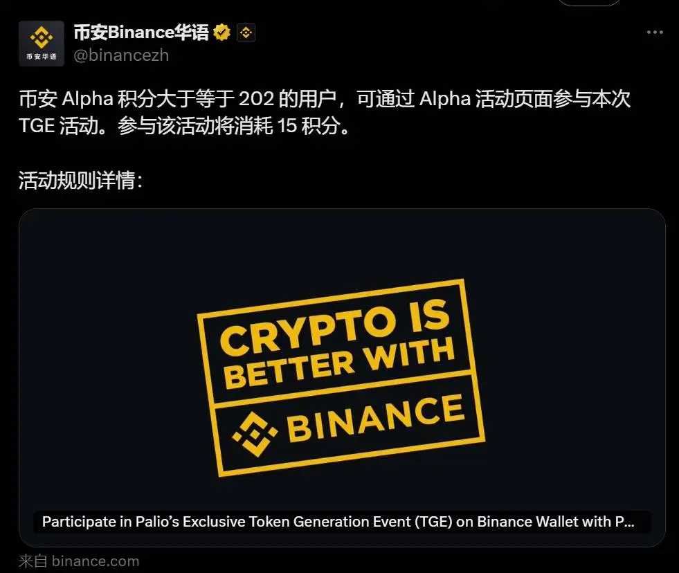 币安设定PAL TGE活动参与门槛为202 Alpha积分