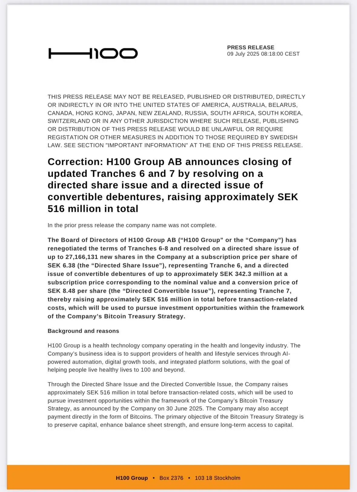 瑞典上市公司 H100 Group 两轮融资共筹得 5400 万美元 用于比特币储备战略
