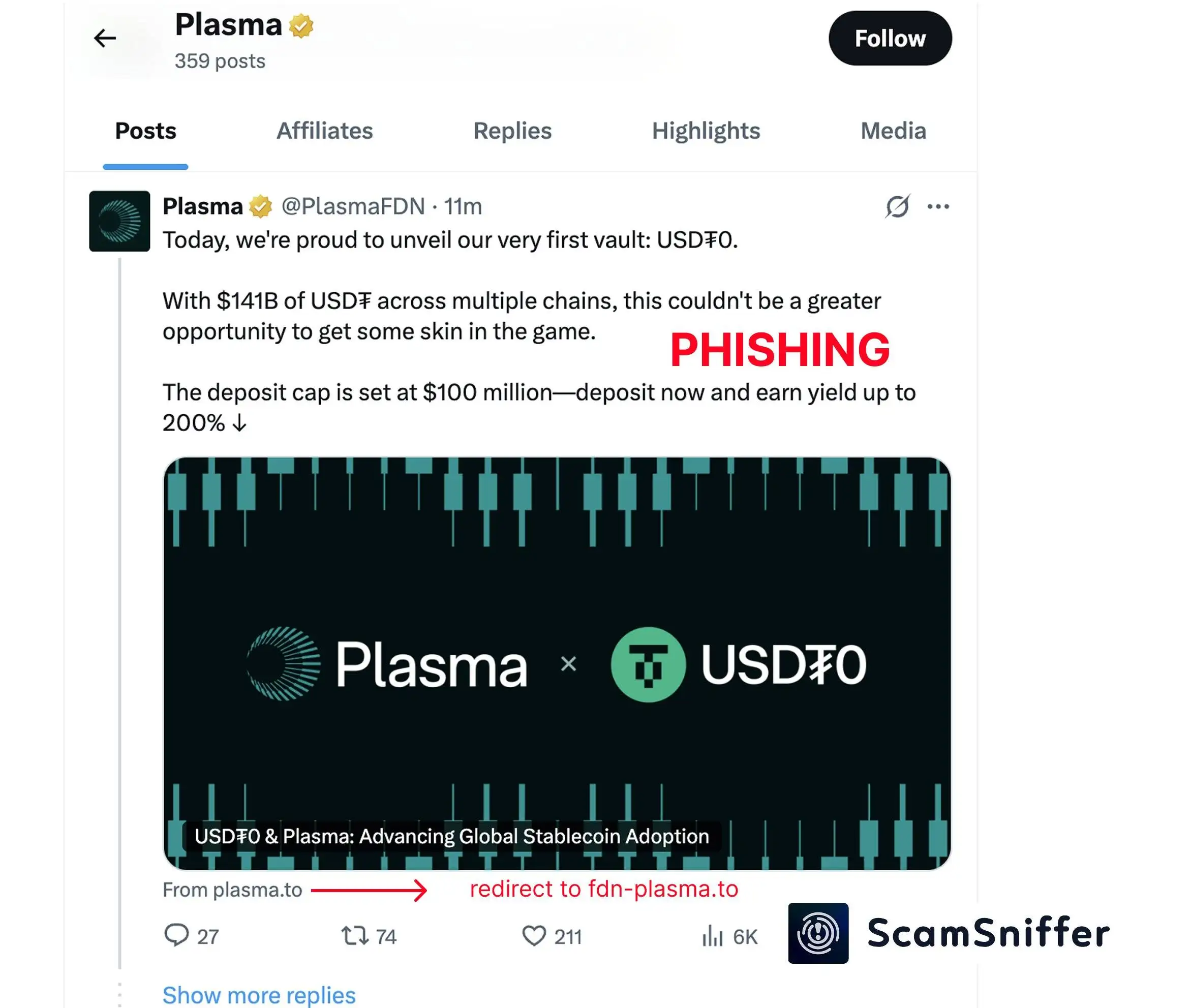 Scam Sniffer 暴露 Plasma X 账号遭遇黑客入侵并发布钓鱼推文