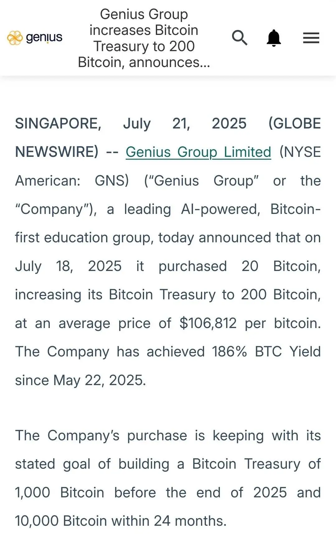 Genius Group比特币持仓达200枚，7月21日新增20枚