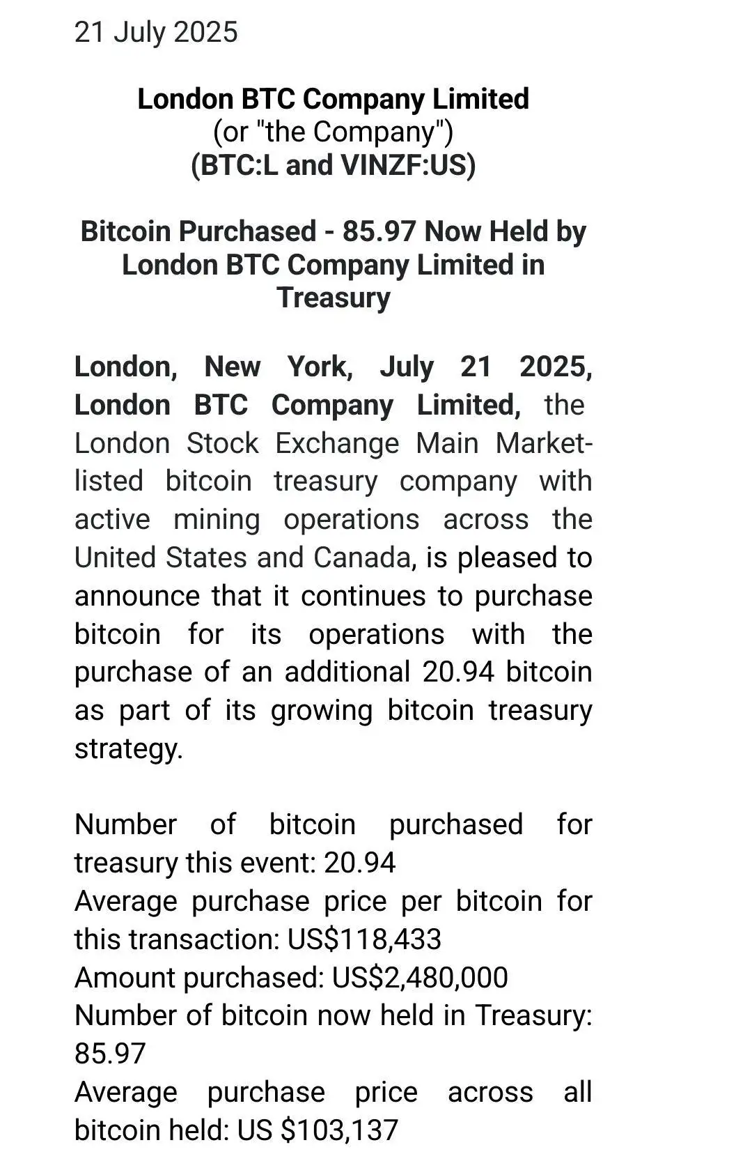 英国上市公司London BTC Company增持20.94枚BTC，总持仓达85.97枚