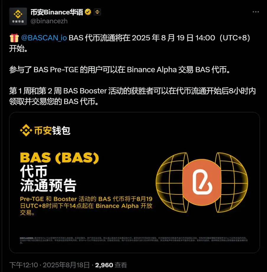 BAS代币流通将于8月19日启动，首两周获奖者享优先交易权