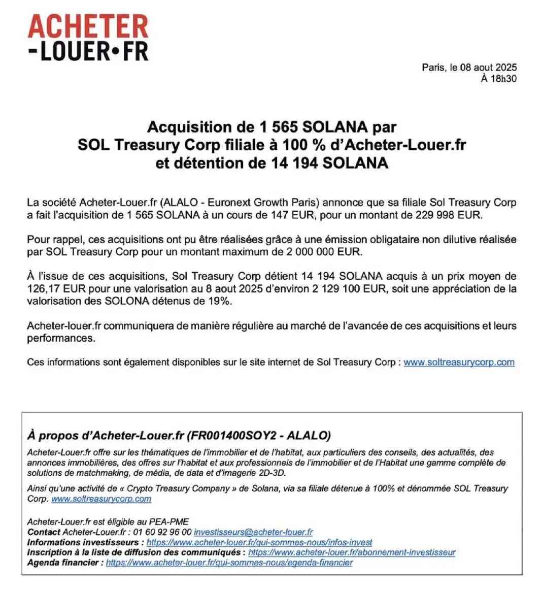 法国上市公司Acheter-Louer.fr子公司增持SOL至14,194枚，价值270万美元