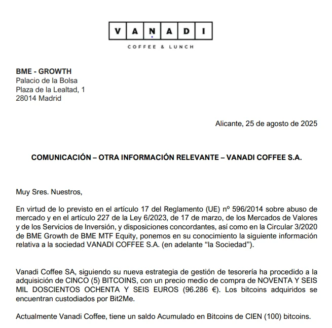 西班牙咖啡连锁品牌Vanadi Coffee增持5枚比特币，总持仓达100枚