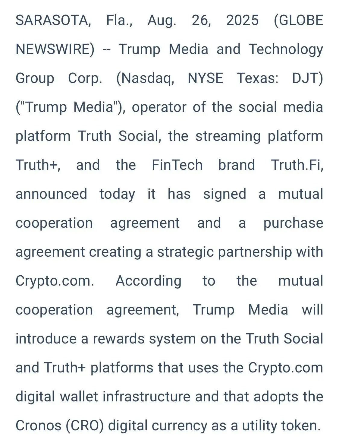 特朗普媒体平台将集成Crypto.com钱包并整合CRO代币
