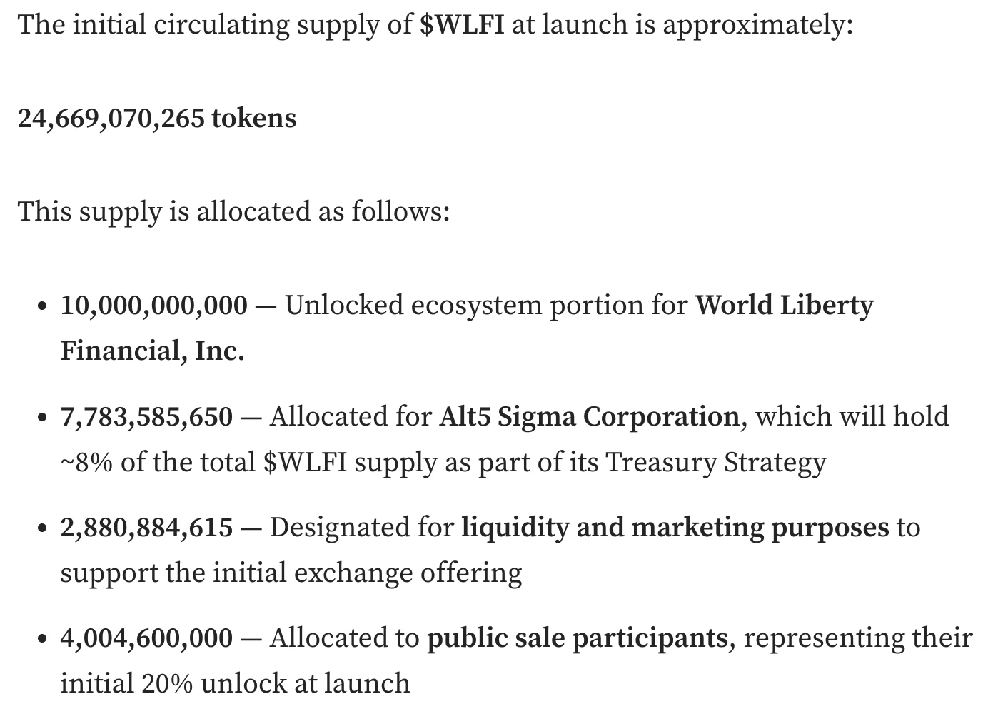 World Liberty Financial公布代币发行计划 初始流通供应量246.69亿枚