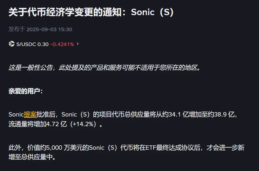 Binance调整Sonic代币供应量，ETF协议达成后将释放5000万美元代币