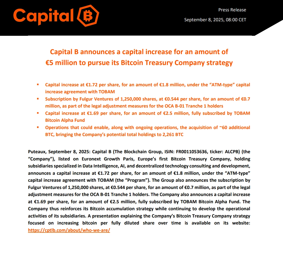 法国上市公司 Capital B 完成 580 万美元融资以增持比特币，预计新增 60 枚 BTC