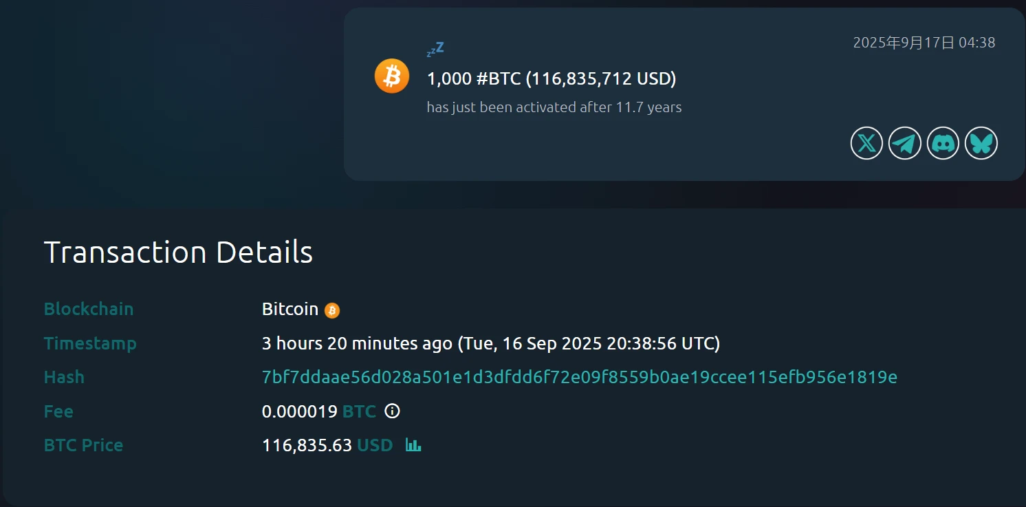 沉寂11.7年比特币地址被激活，持有1000枚BTC
